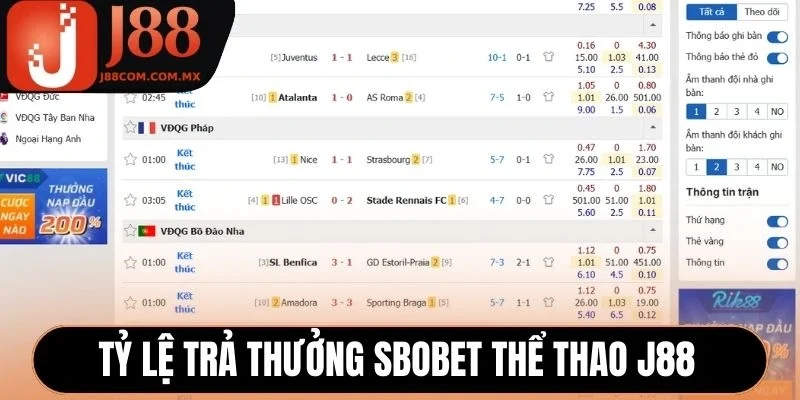 Tỷ lệ trả thưởng tại Sbobet thể thao J88